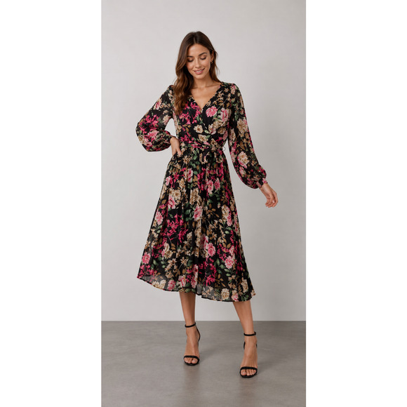 Baltic Born Dresses & Skirts - NEW Baltic Born Laurie Black Floral Midi Dress Womens 1X Pleated Lined Romantic